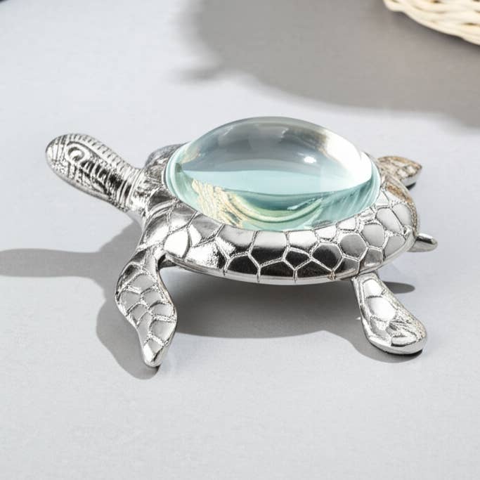 Metal Sea Turtle Magnifying Glass Sculpture - Silver, 6 in. for wholesale by Sagebrook Home