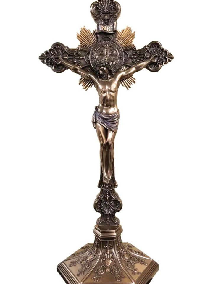 Standing St. Benedict Crucifix in Cold-Cast Bronze 17" for wholesale by Goldscheider of Vienna