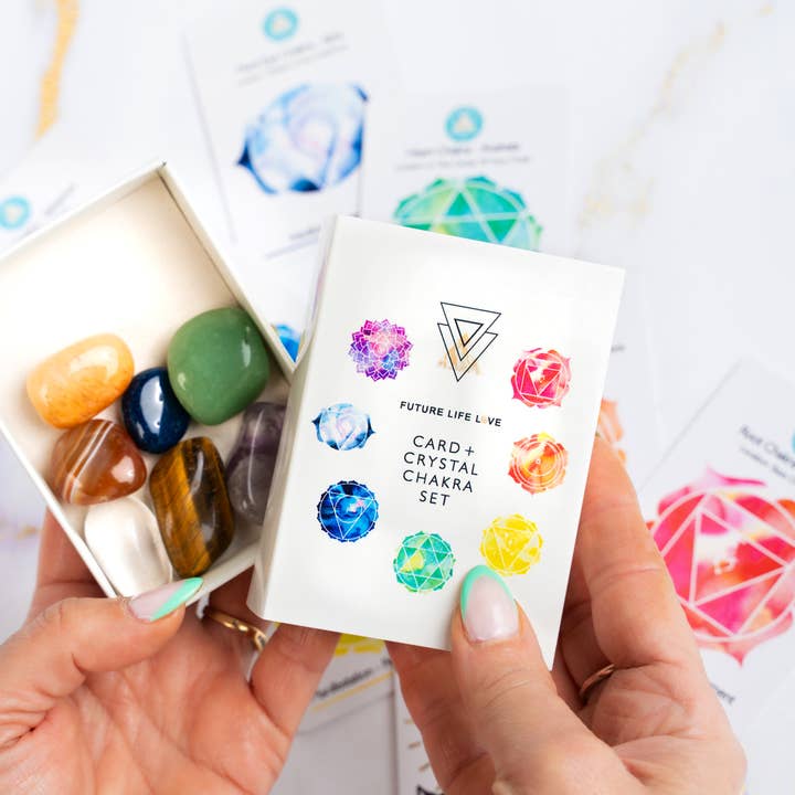 Chakra Card Set With 8 Cards and 7 Crystal Set White Box for wholesale on Faire4