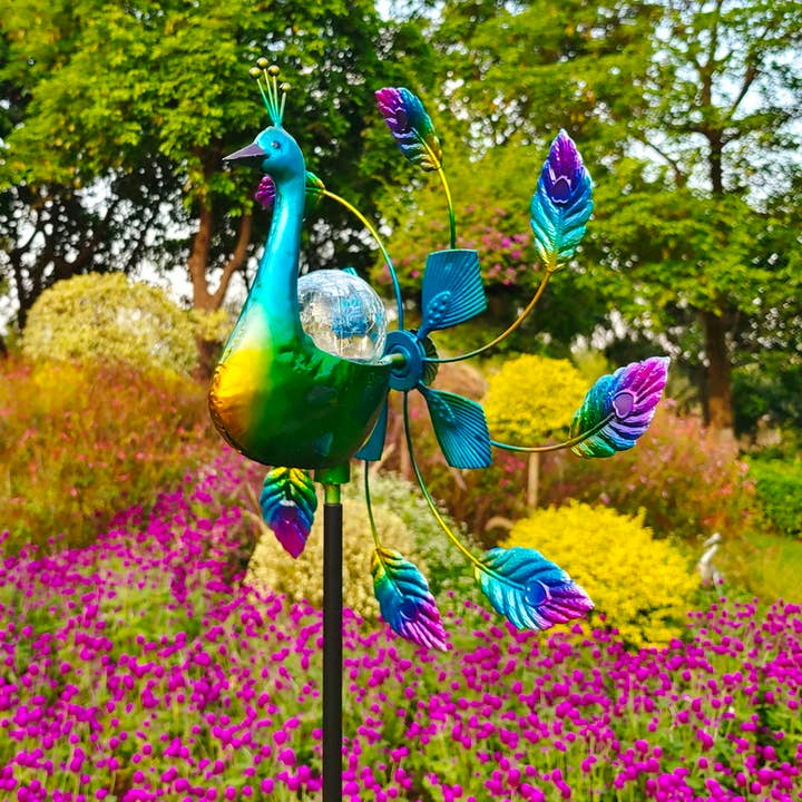 Three Star IM/EX Inc. - Wholesale Garden/Lawn Stake - 67X16 PEACOCK STYLE WIND SPINNER W/ SOLAR LIGHT