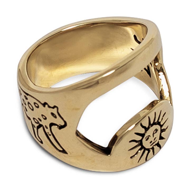 Sun & Jaguar Bottle Opener Ring - Brass for wholesale by JewelryLab