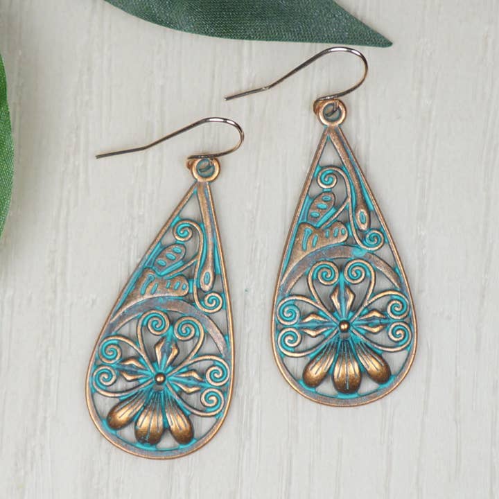 Copper Patina Flower Teardrop Earrings, Rose Gold Ear Wires for wholesale by Jewelry by Dawn