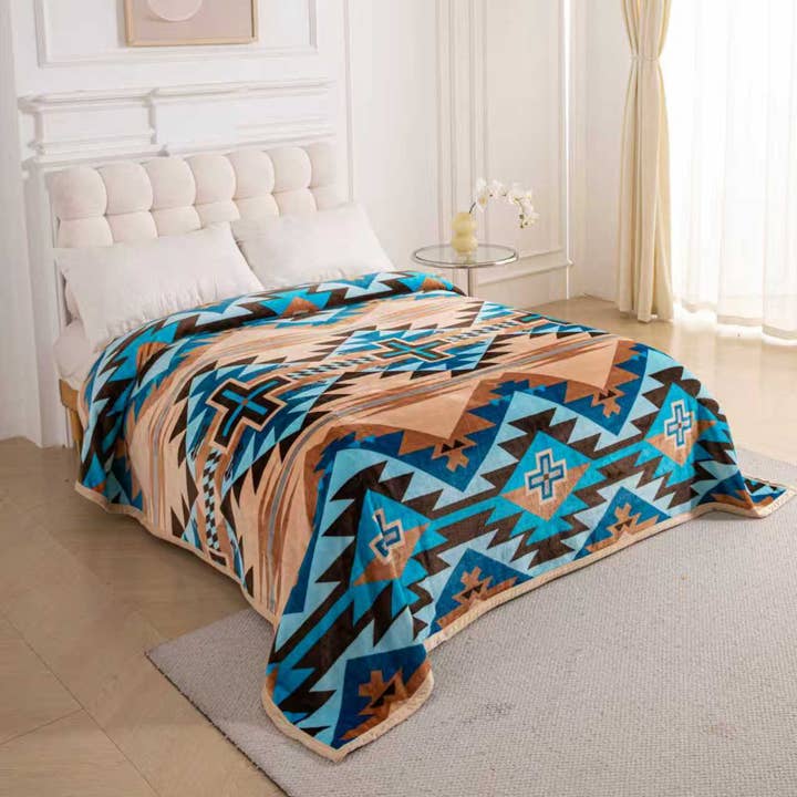 Tan & Blue Southwest Aztec King Size Super Plush Blanket for wholesale by Sunshine Home Textile