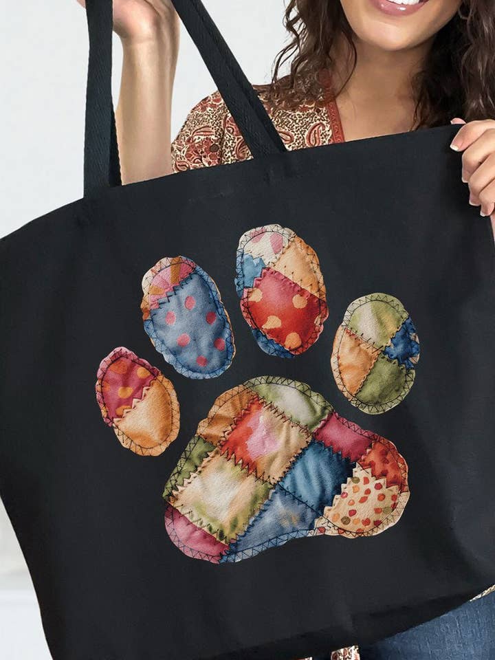 Faux Patchwork Paw Canvas Jumbo Tote for wholesale by Wholesale Accessory Market