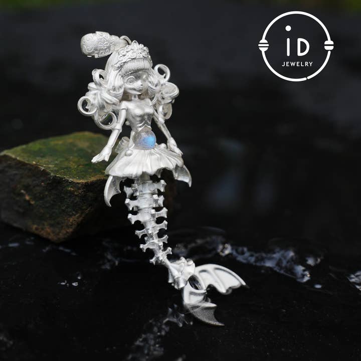 Hand-Carved Mermaid Skeleton Pendant Necklace | Mermaid Bones + Labradorite Flash | Handmade 925 Sterling Silver Amulet Ocean-Theme Necklace for wholesale by idjewelry