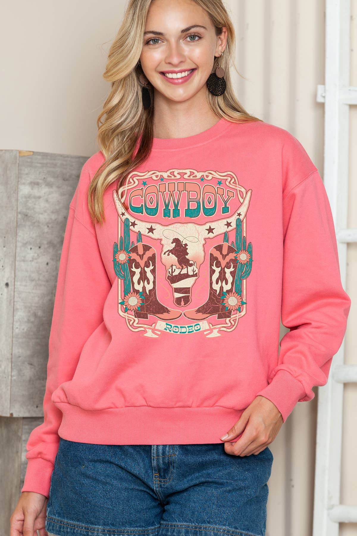 Amused by Blue – Großhandel Sweatshirt mit Grafikdruck – Damen – Damen Cowboy Rodeo Grafikdruck Pullover Sweater Top1
