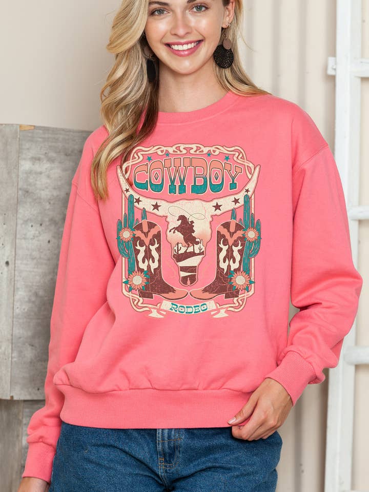 Amused by Blue – Großhandel Sweatshirt mit Grafikdruck – Damen – Damen Cowboy Rodeo Grafikdruck Pullover Sweater Top1
