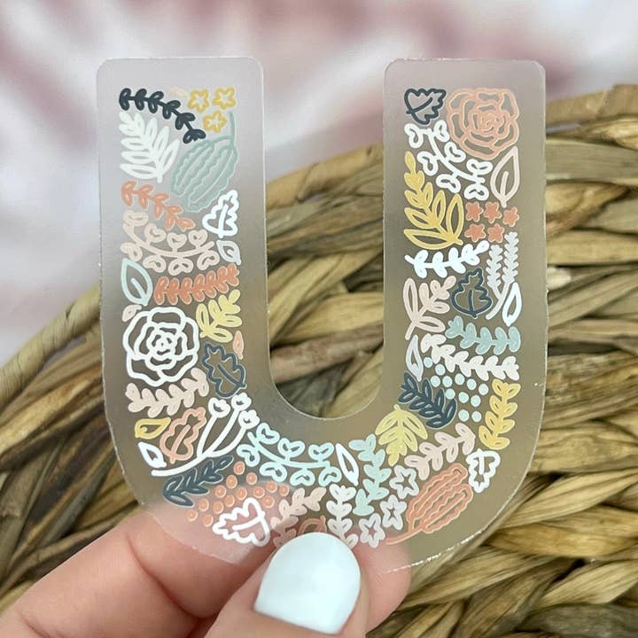 Floral U Sticker. Clear Matte Letter Sticker. Weatherproof Vinyl Sticker. for wholesale by Nolie Co