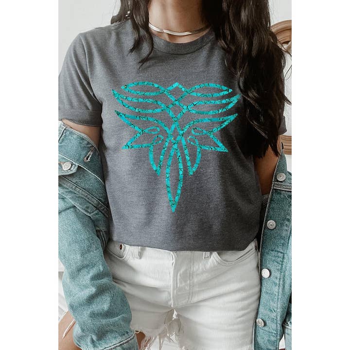 COLORBEAR - Vendita all'ingrosso Maglietta stampata - Donna - T-shirt turchesi con grafica a punto stivale - Black Heather Blend6