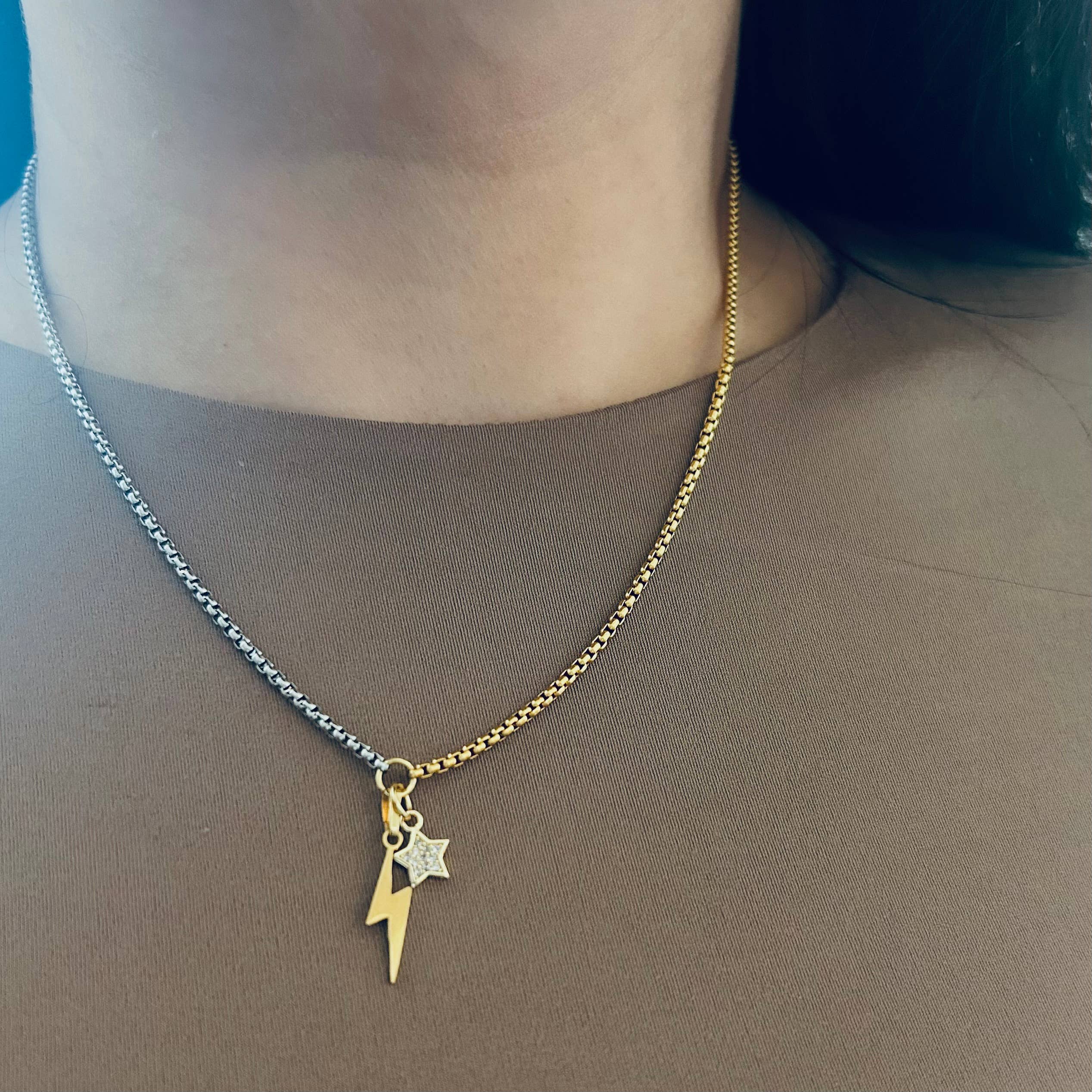 Amady Jewelry - Wholesale Pendant/Charm Necklace - Thunder and star charm pendant necklace two tone silver gold2