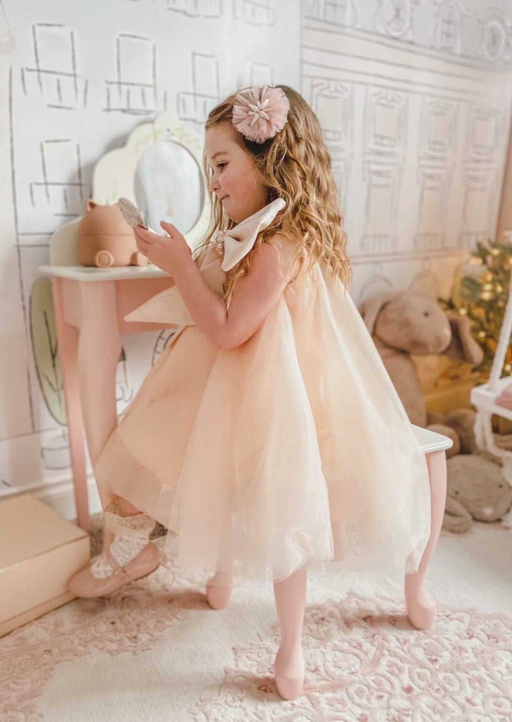 Petite Maison Kids - Vente Robe – enfant - Robe Jackie pêche en tulle à col nœud jacquard12