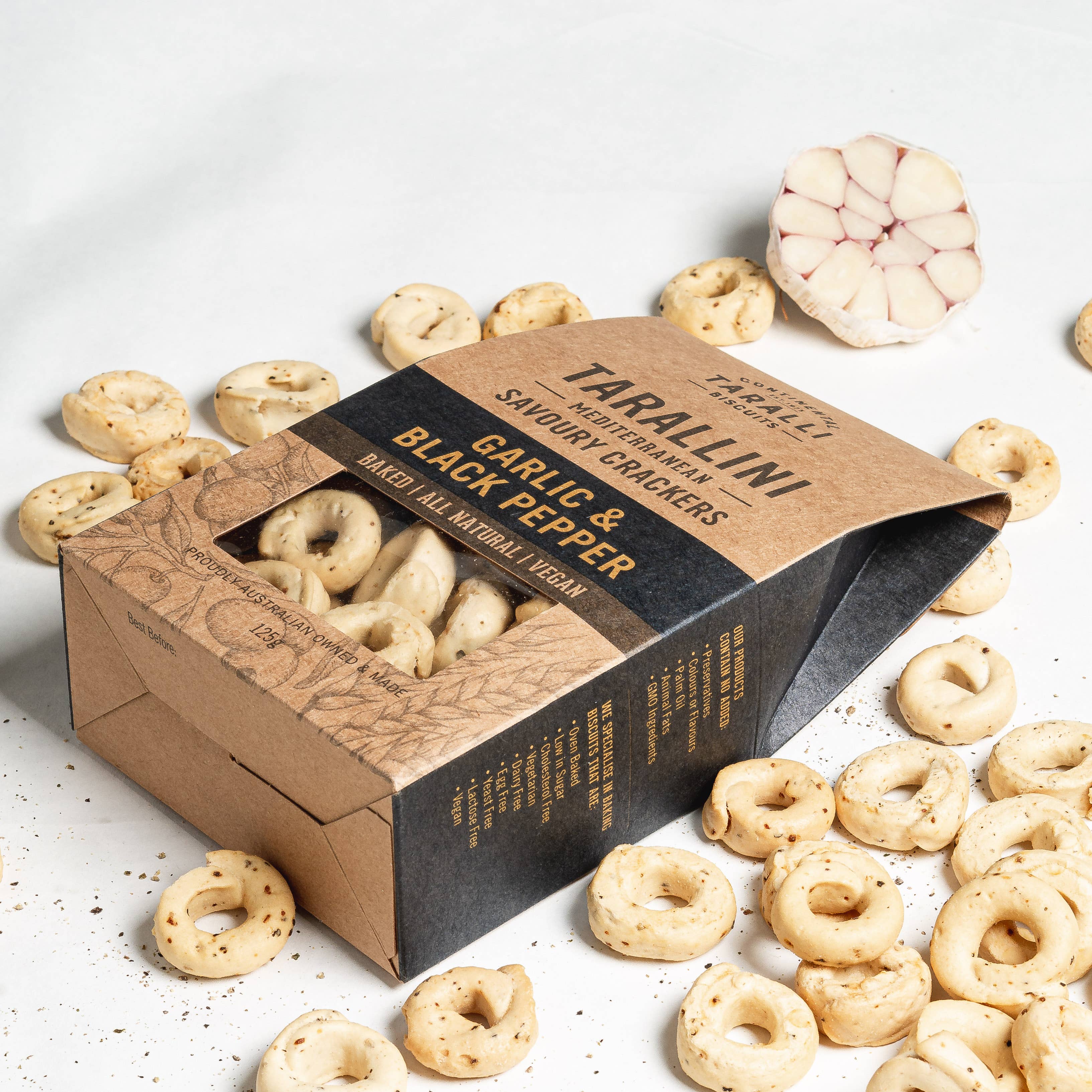 Continental Taralli Biscuits - Wholesale Crackers - TARALLINI - Garlic & Black Pepper - Vegan (125g)1