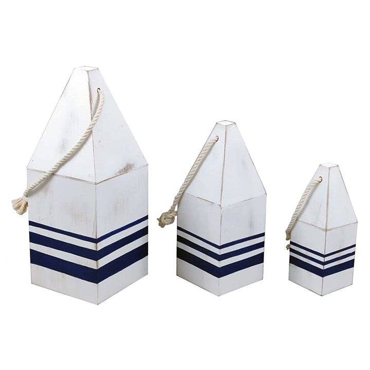 Will's Company - Wholesale Decorative Tabletop Object - Nautical Wood Buoy - White & Blue with Rope, Set of 3