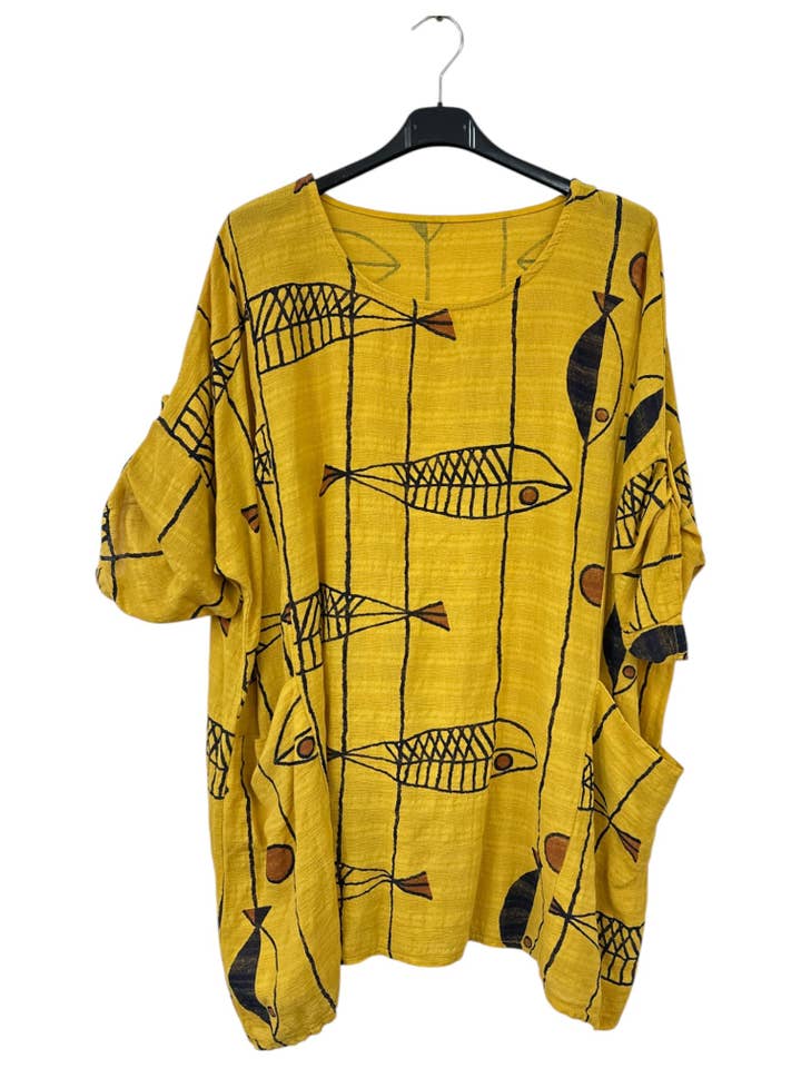 Miss Bold - Wholesale Blouse - Women's - Italian Crinkle Cotton Fish Print Top with Pockets & Turn-Up Sleeves7