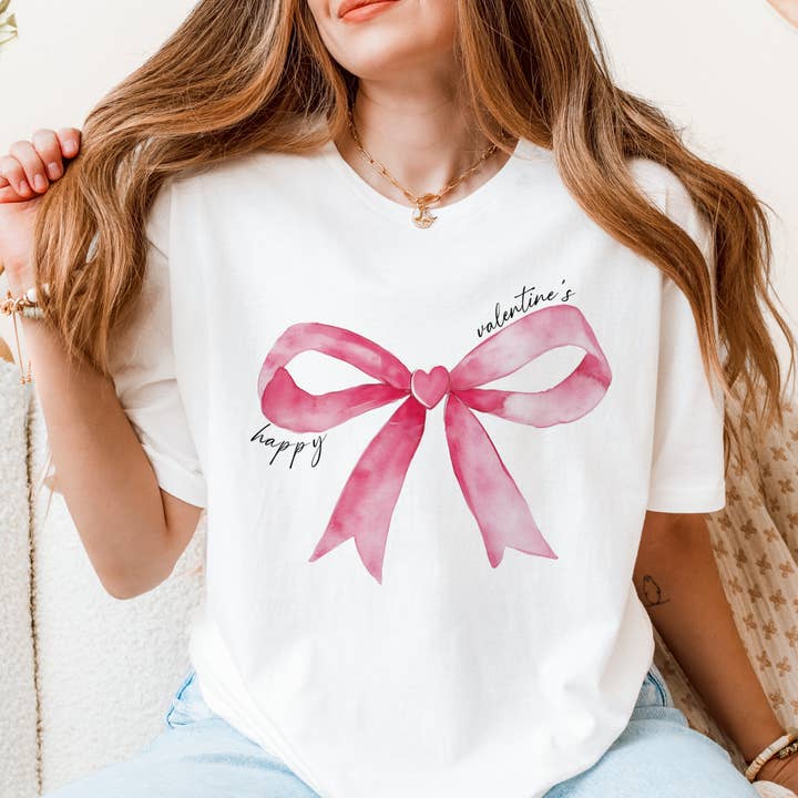 Happy Valentines Day/Bow Graphic Tee #213 for wholesale by Urban Edge Co.