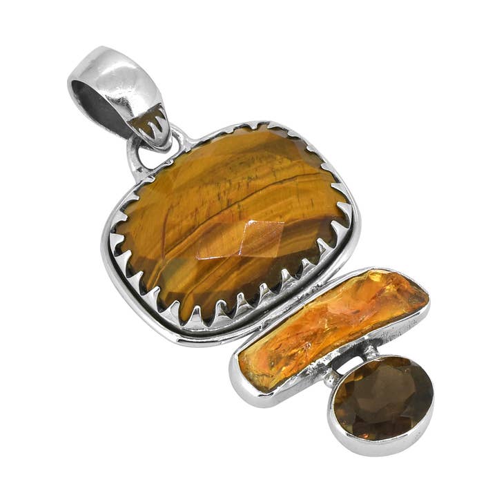 Pendentif en argent sterling 925 avec œil de tigre et citrine brute. pour la vente par Tiramisu