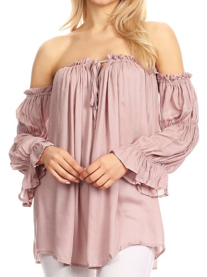 Anna Kaci Wholesale - Wholesale Blouse - Women's - Semi Sheer Boho Peasant Off the Shoulder Top43