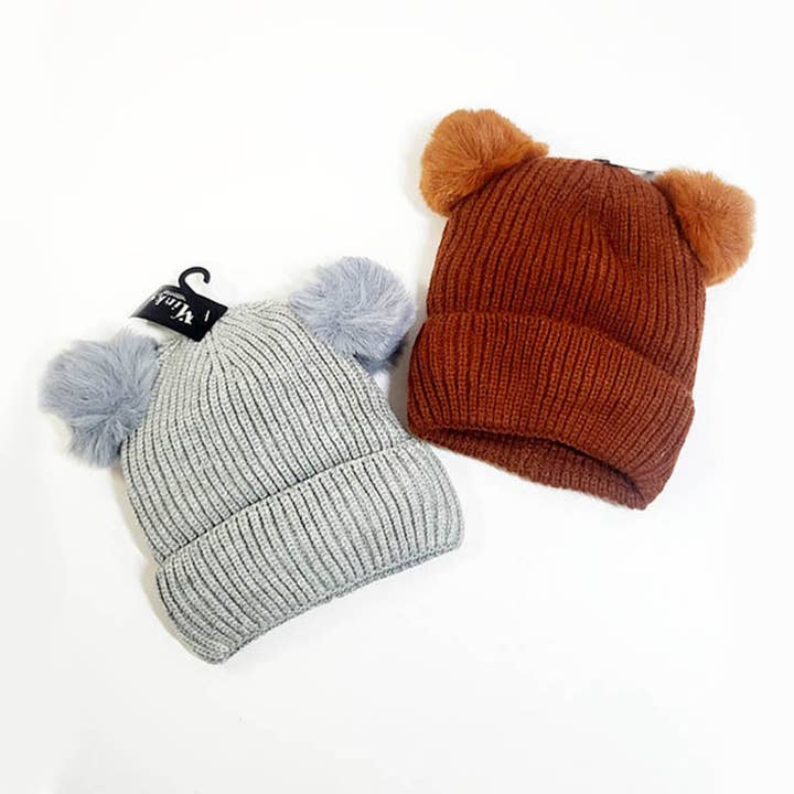 Assorted Color Kids Double Layer Pom Pom Beanie for wholesale on Faire