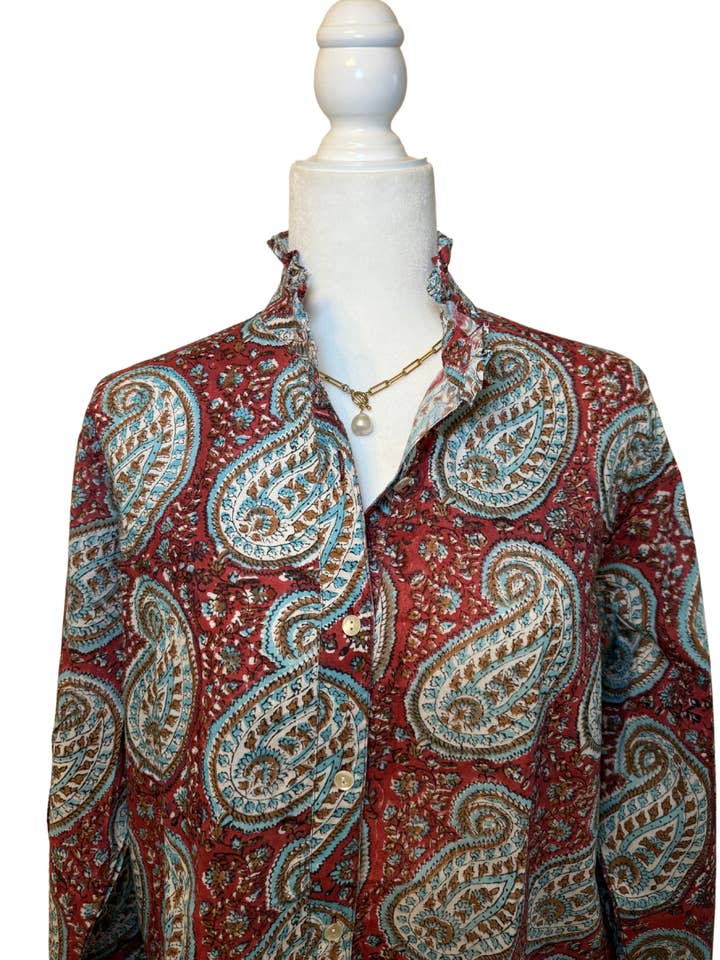 Paisley Block Print Ruffled Collared Women's Blouse for wholesale by Rena Lina