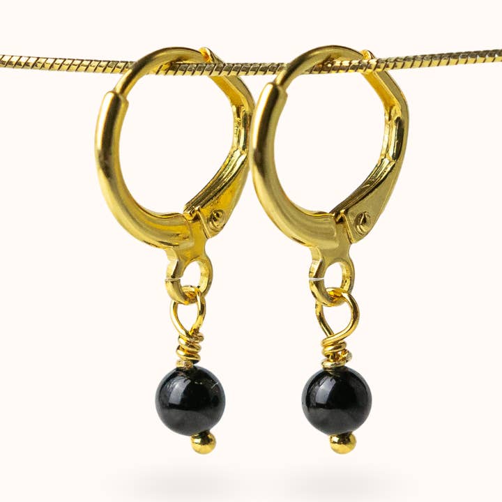 Fine Line Onyx Earrings (Anti-Stress) Gold Ball for wholesale by Blue Buddha Jewelry