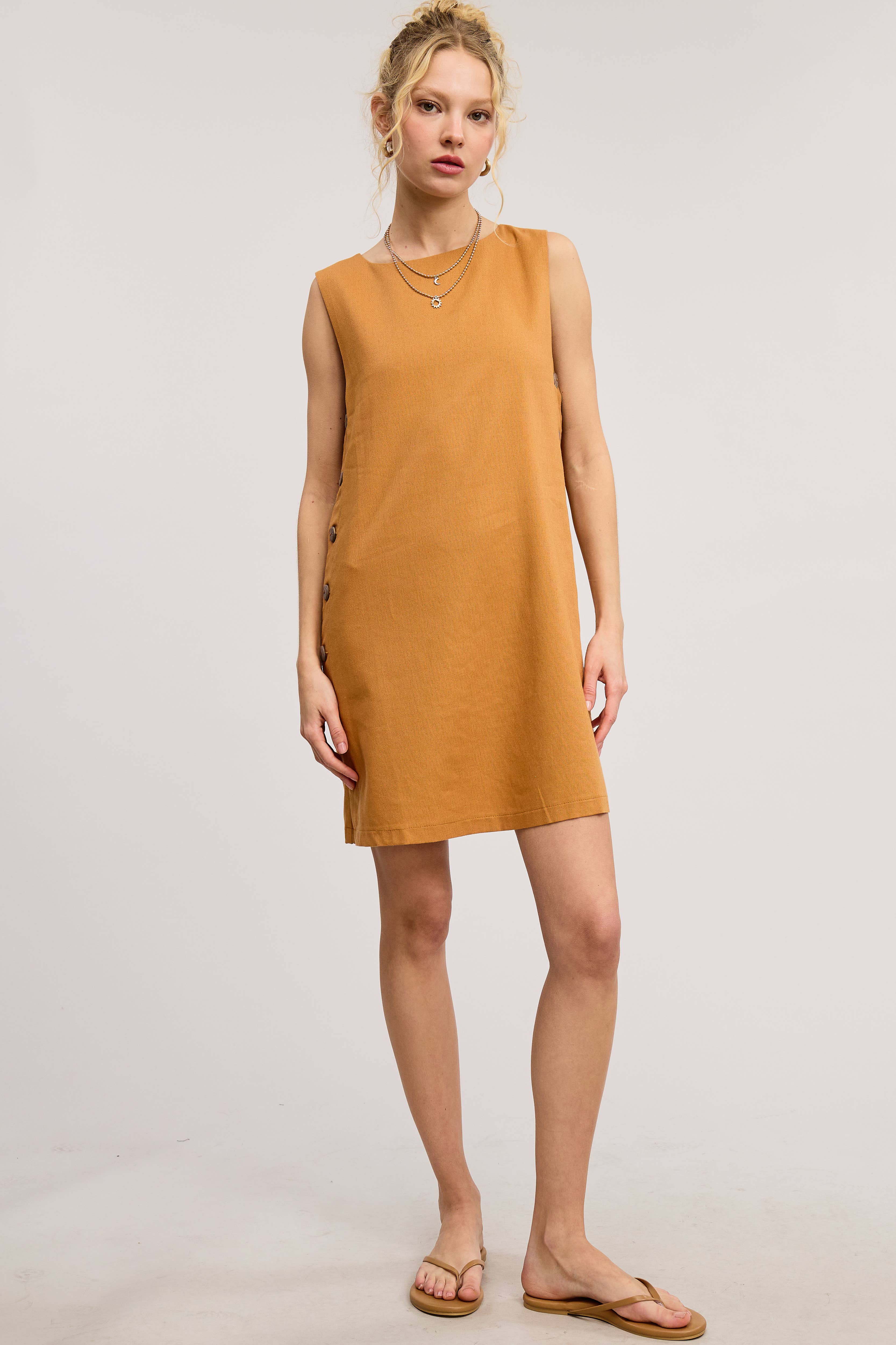 Mimosa - Wholesale Dress - Women's -  Wooden Side Button Detail Sleeveless Linen Mini Dress14
