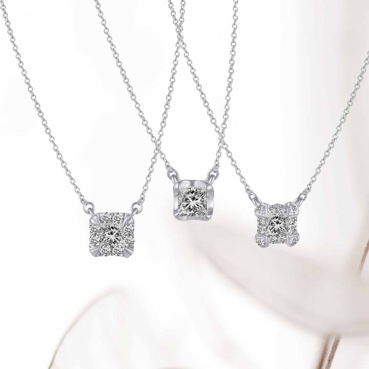 Princess Cut Halo Pendant Necklace set in 925 Sterling Silve for wholesale by Prime and Pure