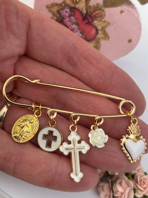 Miss DJ Angel - Wholesale Brooch - Ex-voto brooch, religious medal cross brooch, cross gift for mom, cross gift for woman, white sacred heart cross charm2