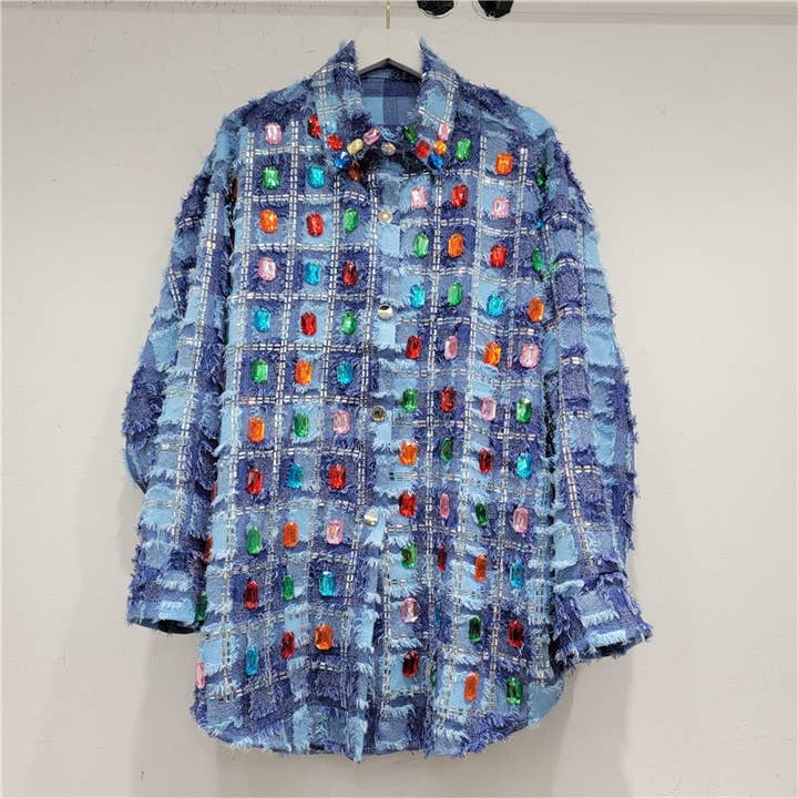 Productseeker - Wholesale Button Down Shirt - Women's - JK081 Chic Rhinestone Checkered Shirt - Women’s Fashion