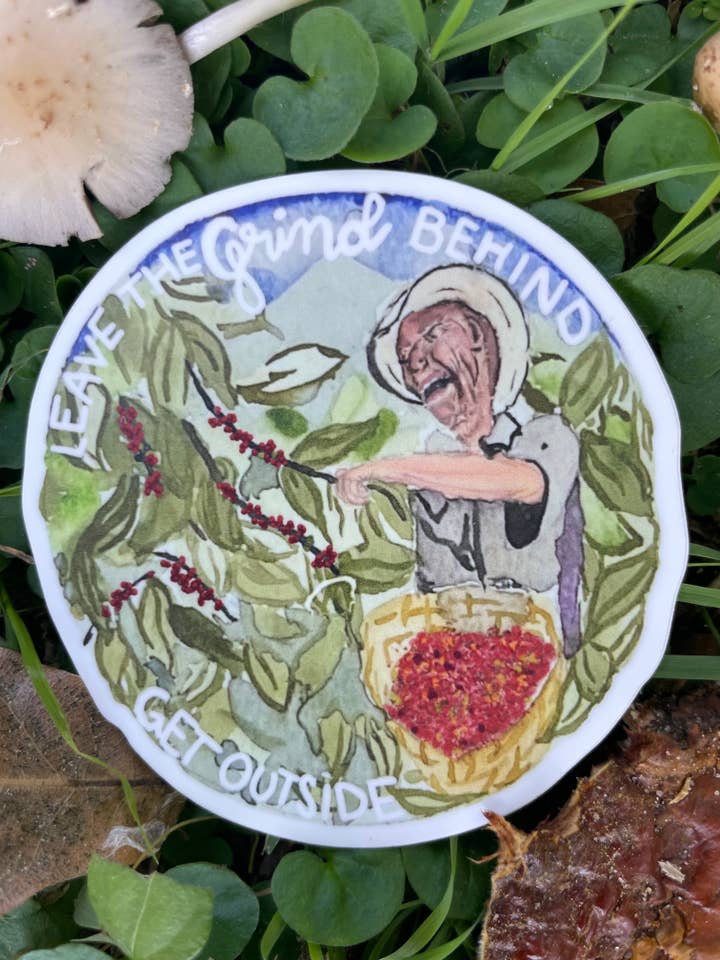 Leave the Grind Behind Coffee Sticker – Watercolor Vinyl Sticker for Nature & Coffee Lovers for wholesale by Sonshine Paperie