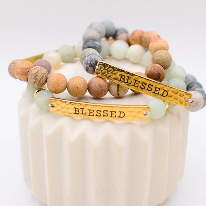 Two and Crew - Wholesale Charm/Dangle Bracelet - BLESSED stone stretch inspirational religious bracelet