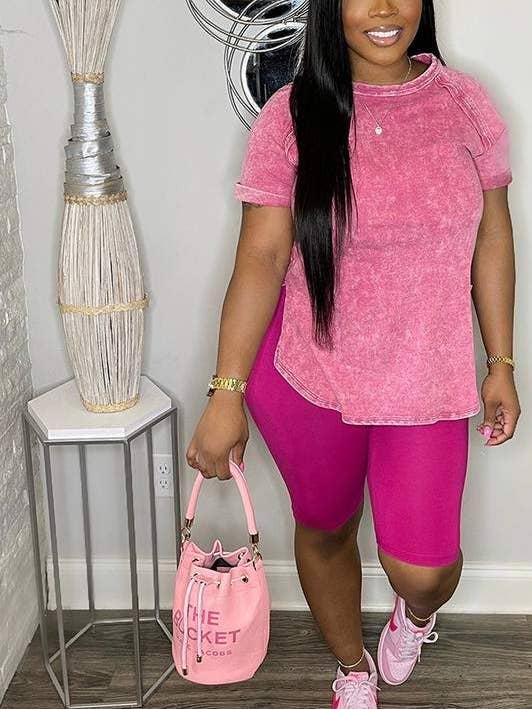 Queen Fashion - Wholesale Top & skirt set – Women's - round neck short lseeve shirt slim shorts set6