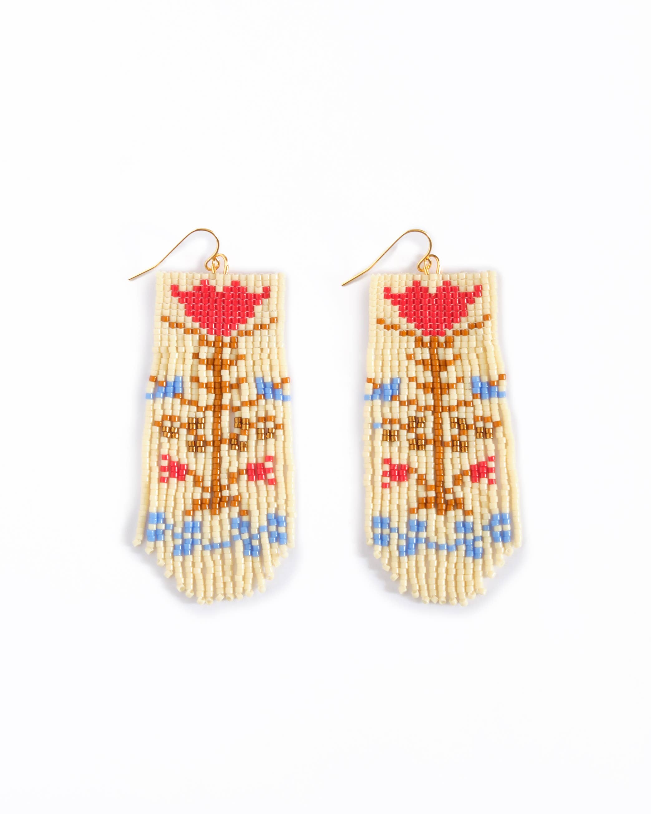 Mayana Designs Co - Wholesale Dangle Earrings - Beaded Handwoven Vintage Flower Fringe Earrings (Cream/Red)