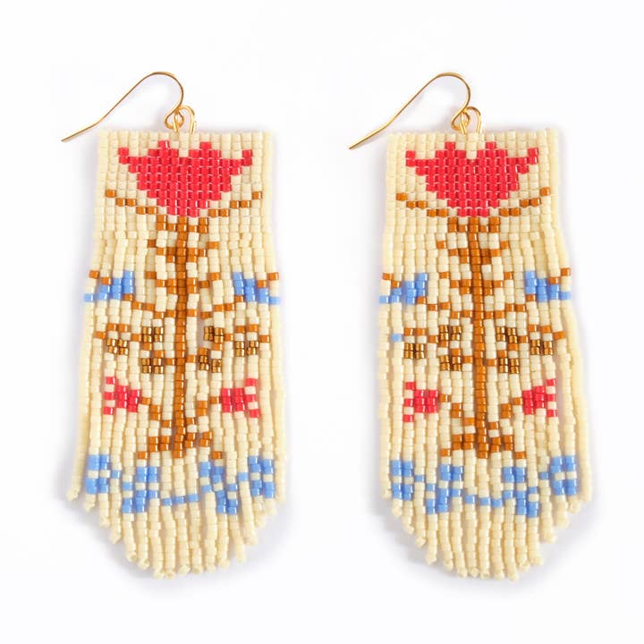 Mayana Designs Co - Wholesale Dangle Earrings - Beaded Handwoven Vintage Flower Fringe Earrings (Cream/Red)0
