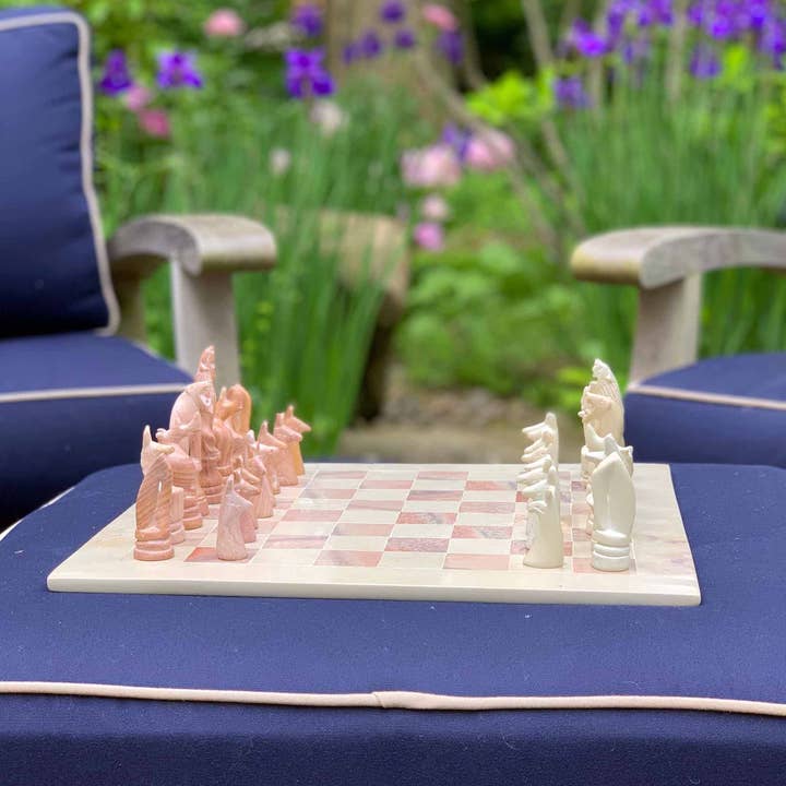 Global Crafts - Wholesale Board Game - Africa Soapstone Carved Chess Set - Safari Animals Pink/Nat4