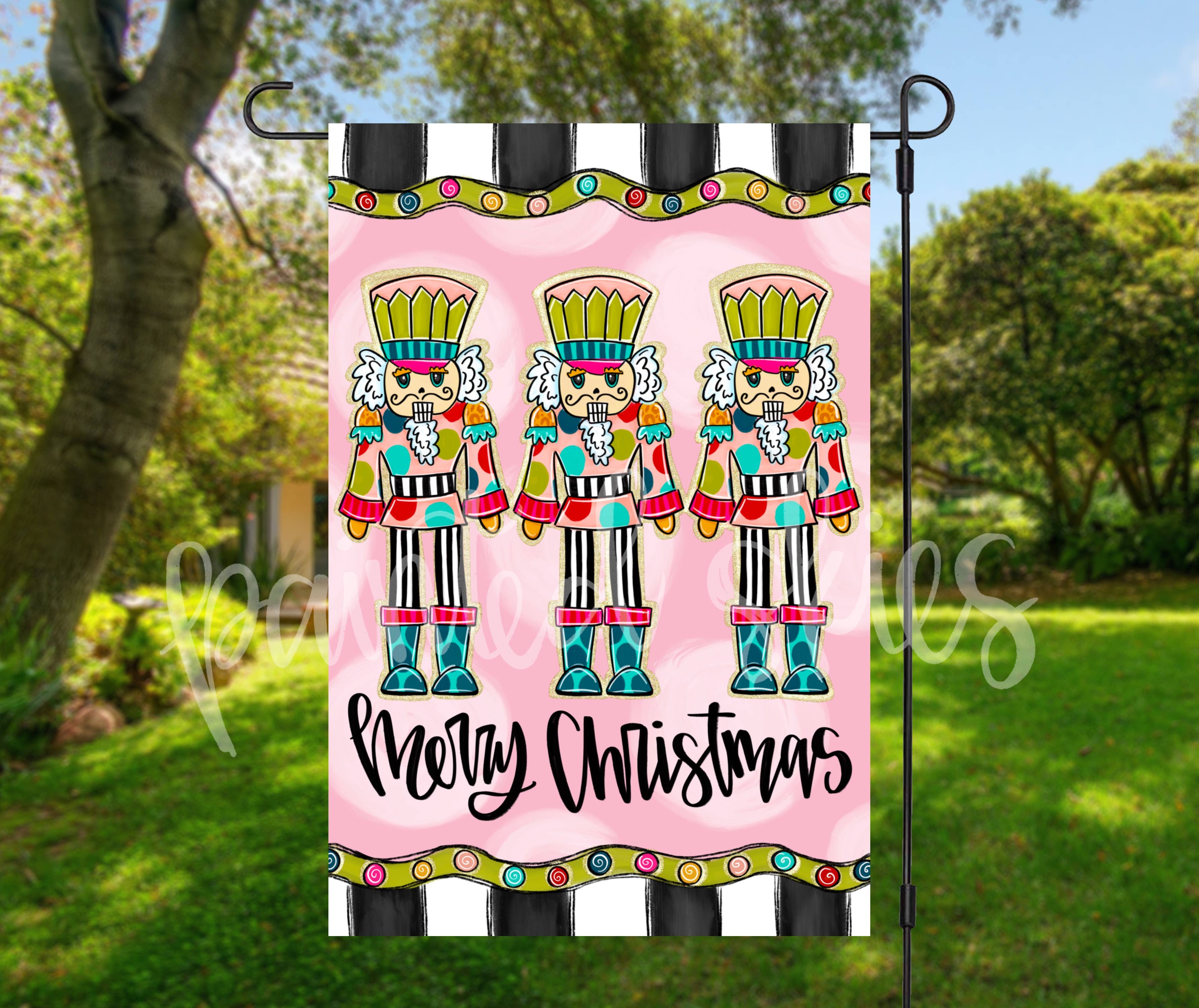 Painted Skies - Wholesale Flag - Whimsical Pink Nutcracker Christmas Garden Flag0