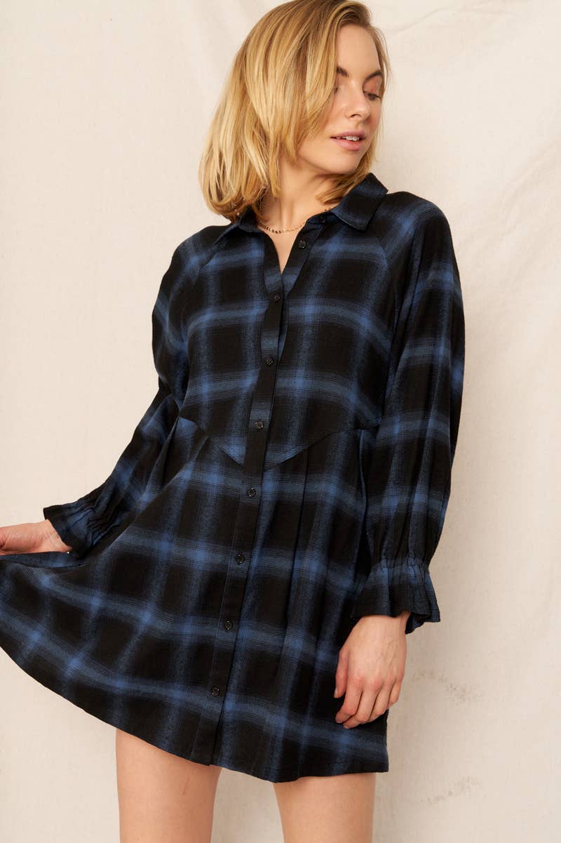 BLACK BLUE Plaid Button Down Dress for wholesale on Faire0