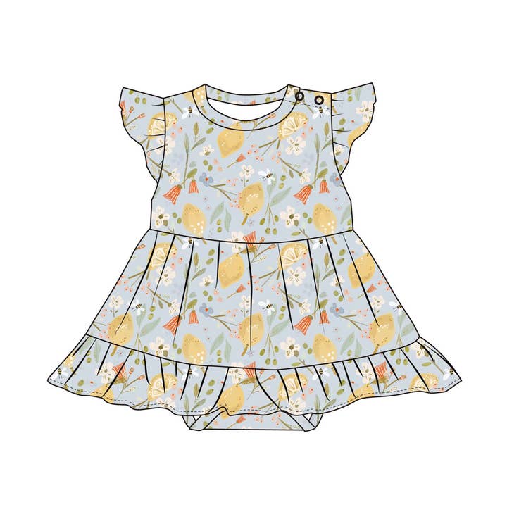 Ribbed Bamboo Flutter Sleeve Skirted Twirl Romper | Lemon Floral for wholesale by Emi Lei