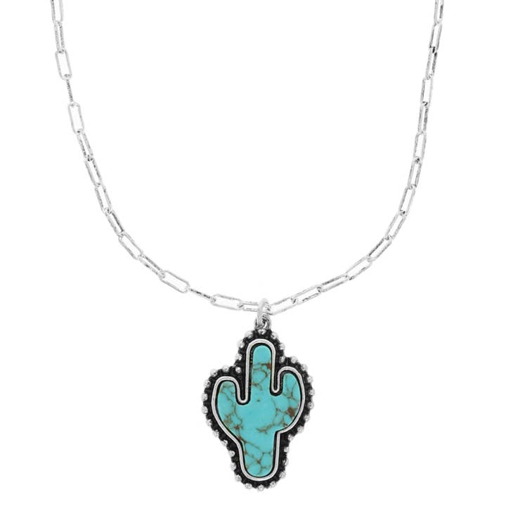 SP Sophia Collection - Wholesale Pendant/Charm Necklace - Western Turquoise Cactus Pendant Necklace1