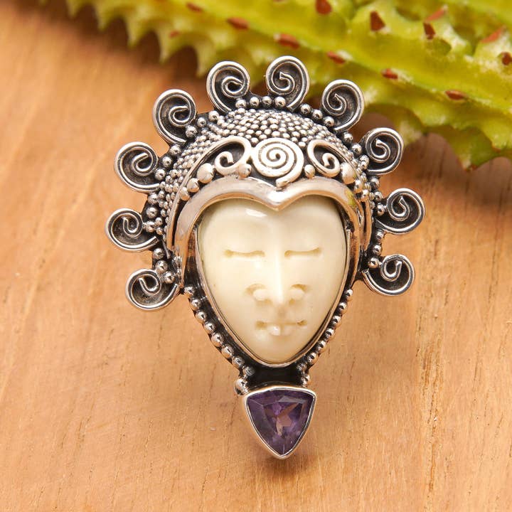 NOVICA - Wholesale Cocktail/Statement Ring - Saraswati Face In Purple Amethyst Cocktail Ring