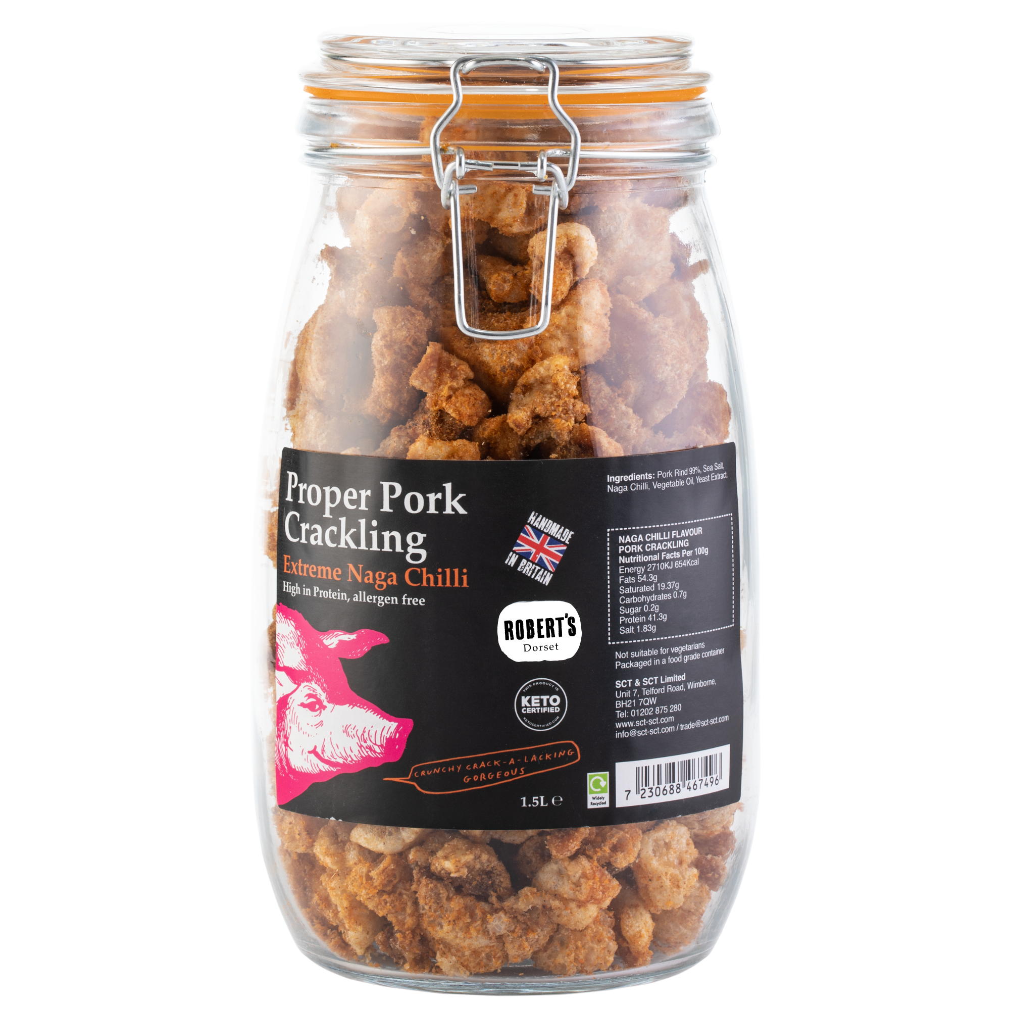 Robert’s Dorset – wholesale Puffed snack – Proper Pork Crackling 1.5L / 390g Glass Jar8