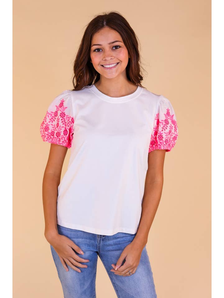 White Top With Pink Eyelet Sleeves for wholesale on Faire
