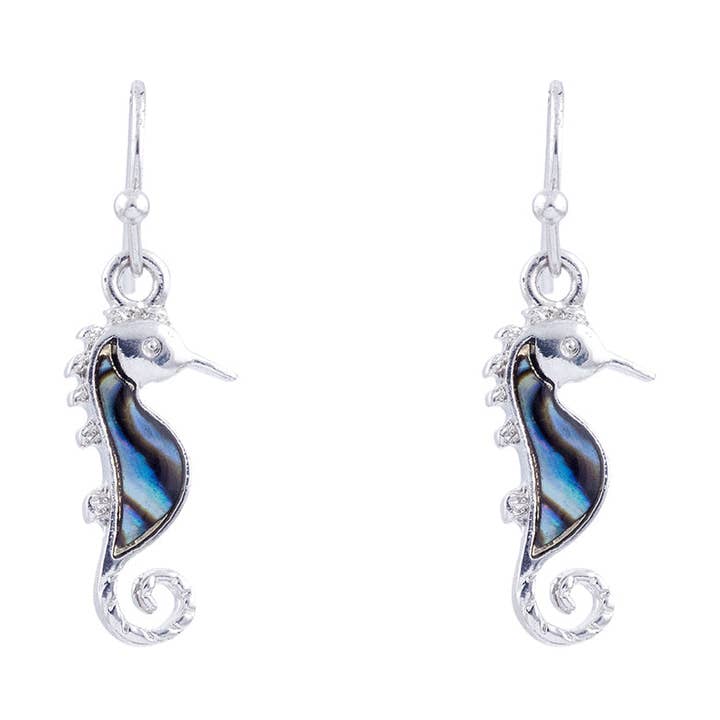 Pendientes colgantes de caballito de mar con concha de paua, chapados en rodio para venta al por mayor de Byzantium Collection Ltd
