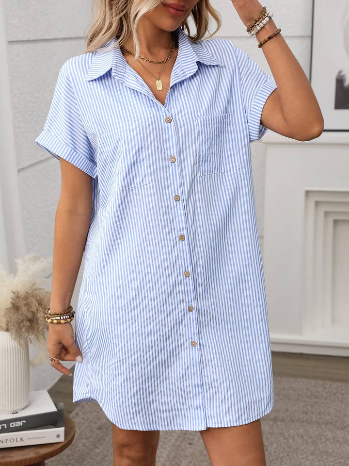 Suhkasana - Wholesale Dress - Women's - Striped Cotton Linen Shirt Dress