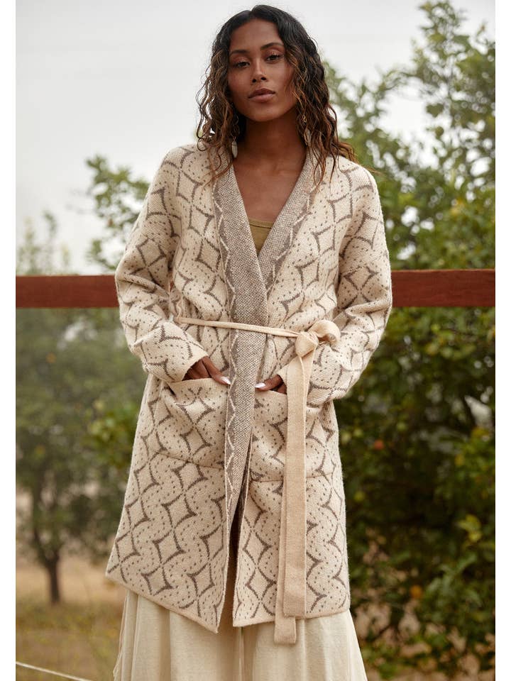 Natural Taupe Western Diamond Jacquard Belted Cardigan for wholesale on Faire