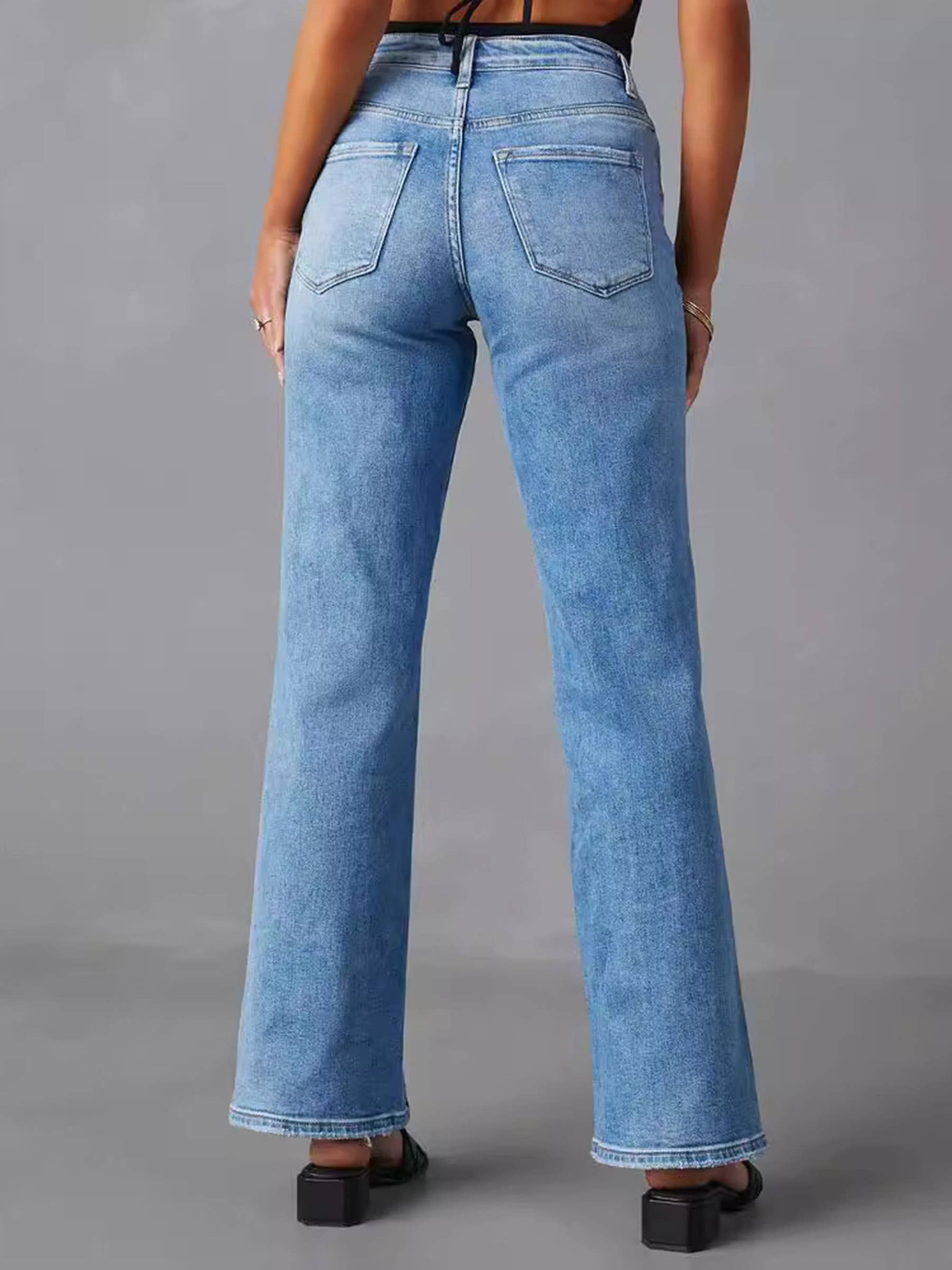 bleu Jean élastique taille haute fendu à jambes droites en vente sur Faire2