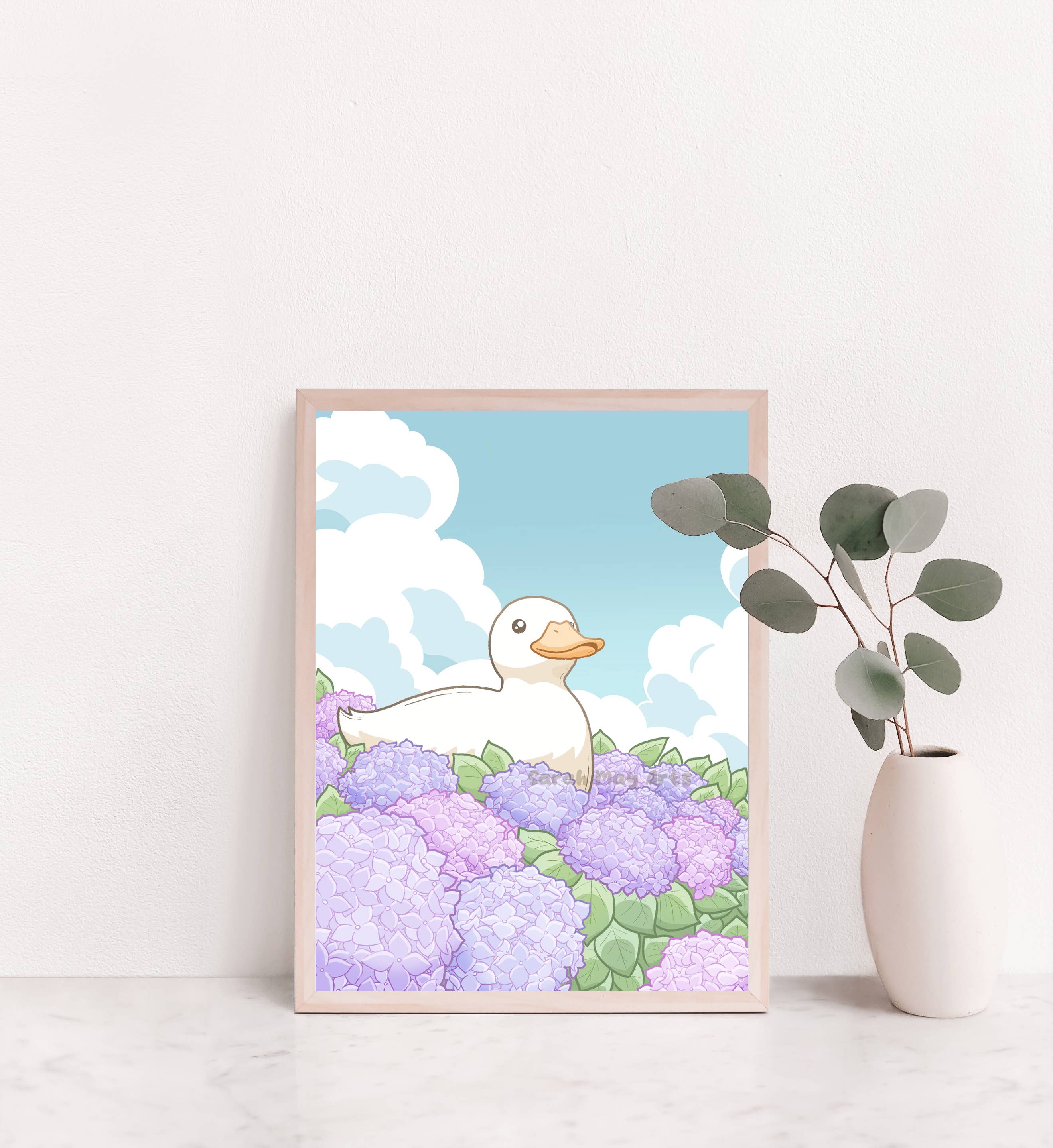 Sarah May Arts - Wholesale Art Print - Hydrangea Duck Print | Fine Line Cute Floral Art2