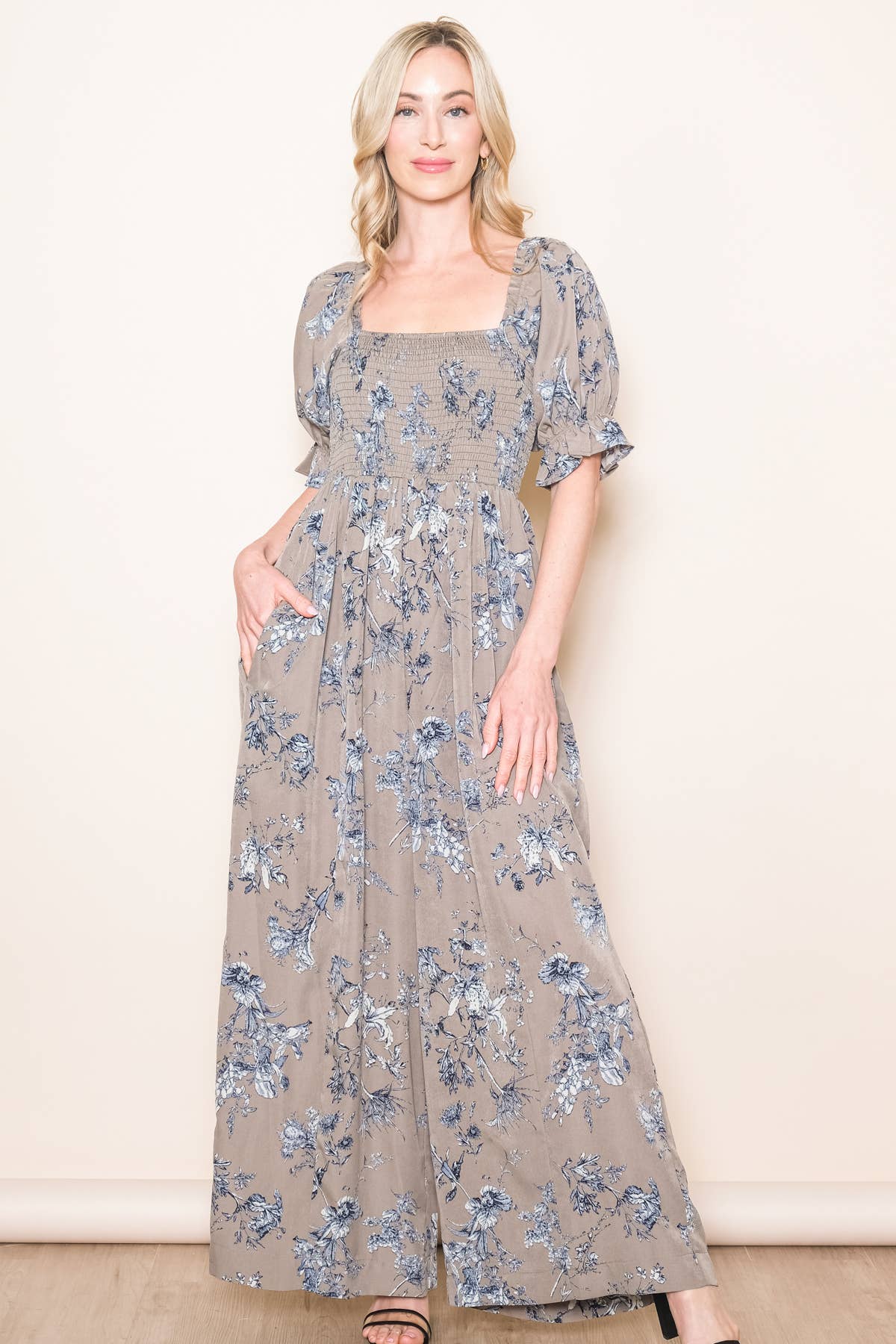 Elloh Collection - Wholesale Jumpsuit - Women's - Square Neck Puff Sleeve Wide Leg Antique Floral Jumper 14