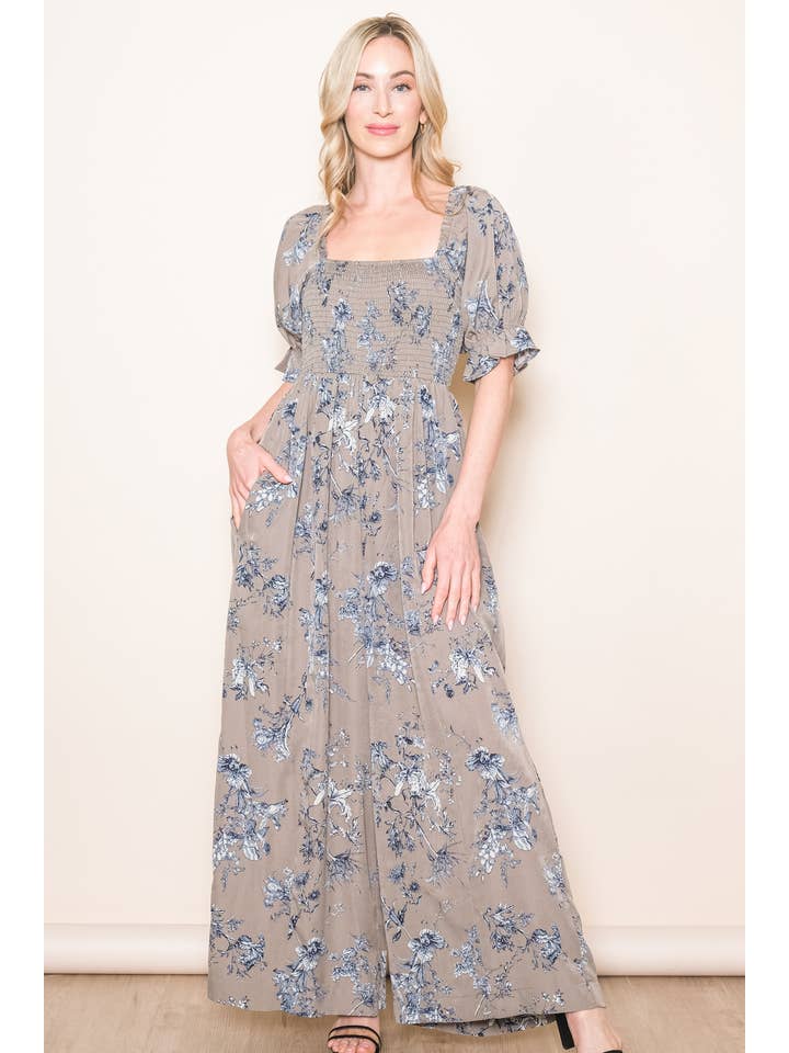 Elloh Collection - Wholesale Jumpsuit - Women's - Square Neck Puff Sleeve Wide Leg Antique Floral Jumper 14