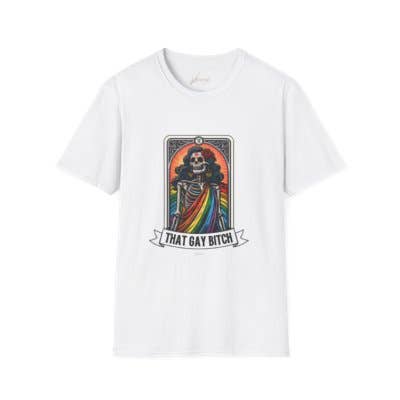 Kennidi Co. – T-shirt estampada - Unissexo por atacado – Aquela Camiseta Unissexo Orgulho Tarot Esqueleto Gay Bitch4