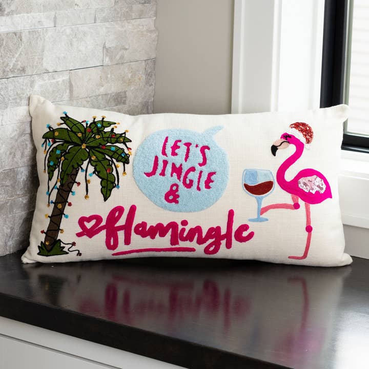 Flamingo Christmas 12x22 Embroidered Lumbar Pillow for wholesale by Elsie & Zoey